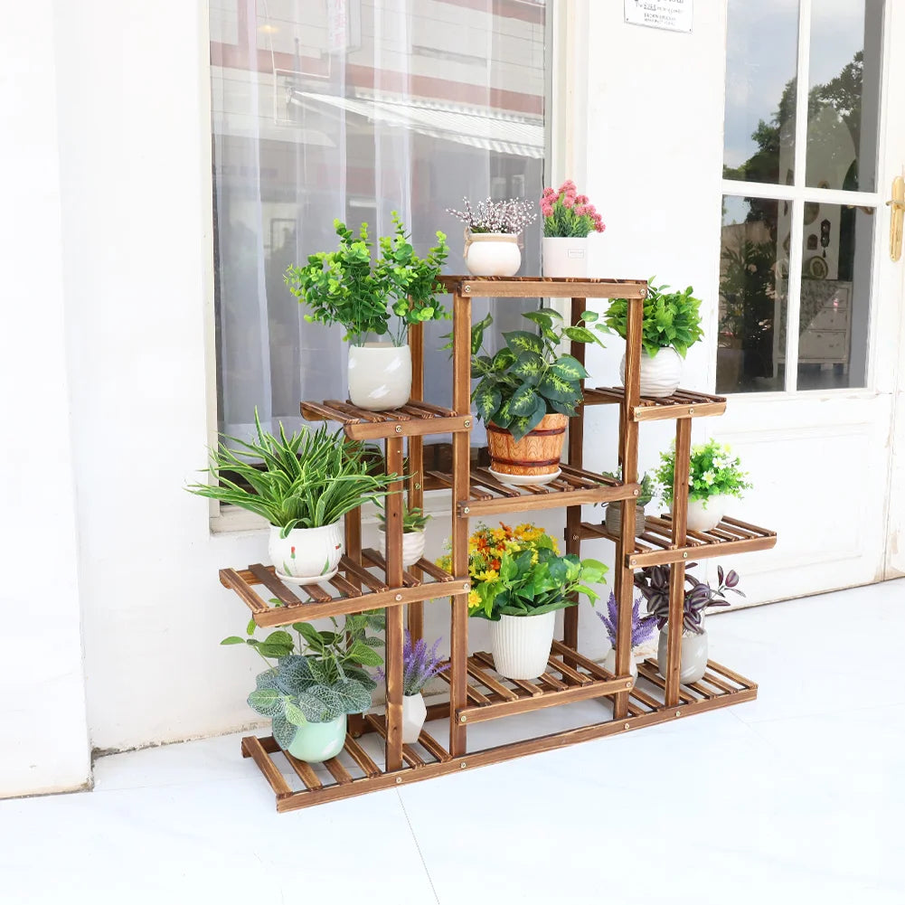 Modern 9-Tier Solid Pine Wood Plant Stand Zara - Wood Plant Stands - KonnaLiving