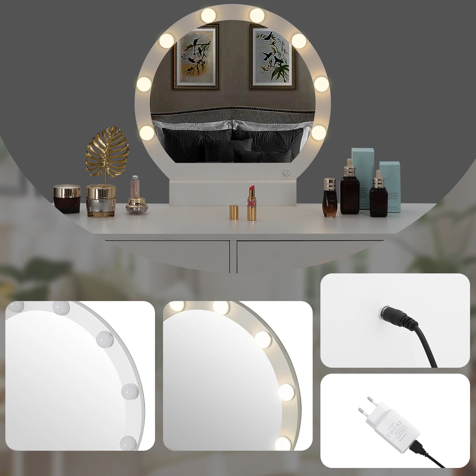 Round mirror with 8 LED bulbs Vanity Table Posh - Vanity Tables - KonnaLiving