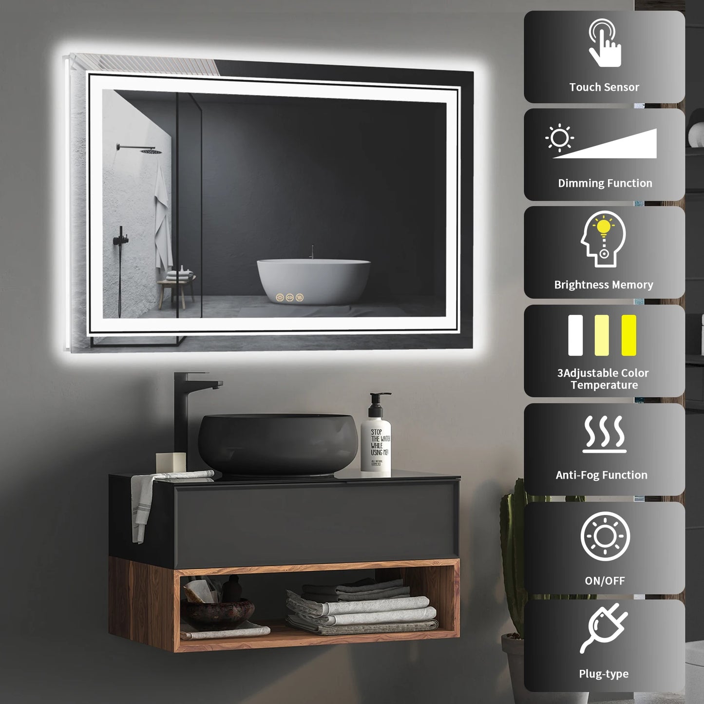 Smart LED Bathroom Mirror with Anti-Fog Function Sebastian - Bathroom Mirrors - KonnaLiving